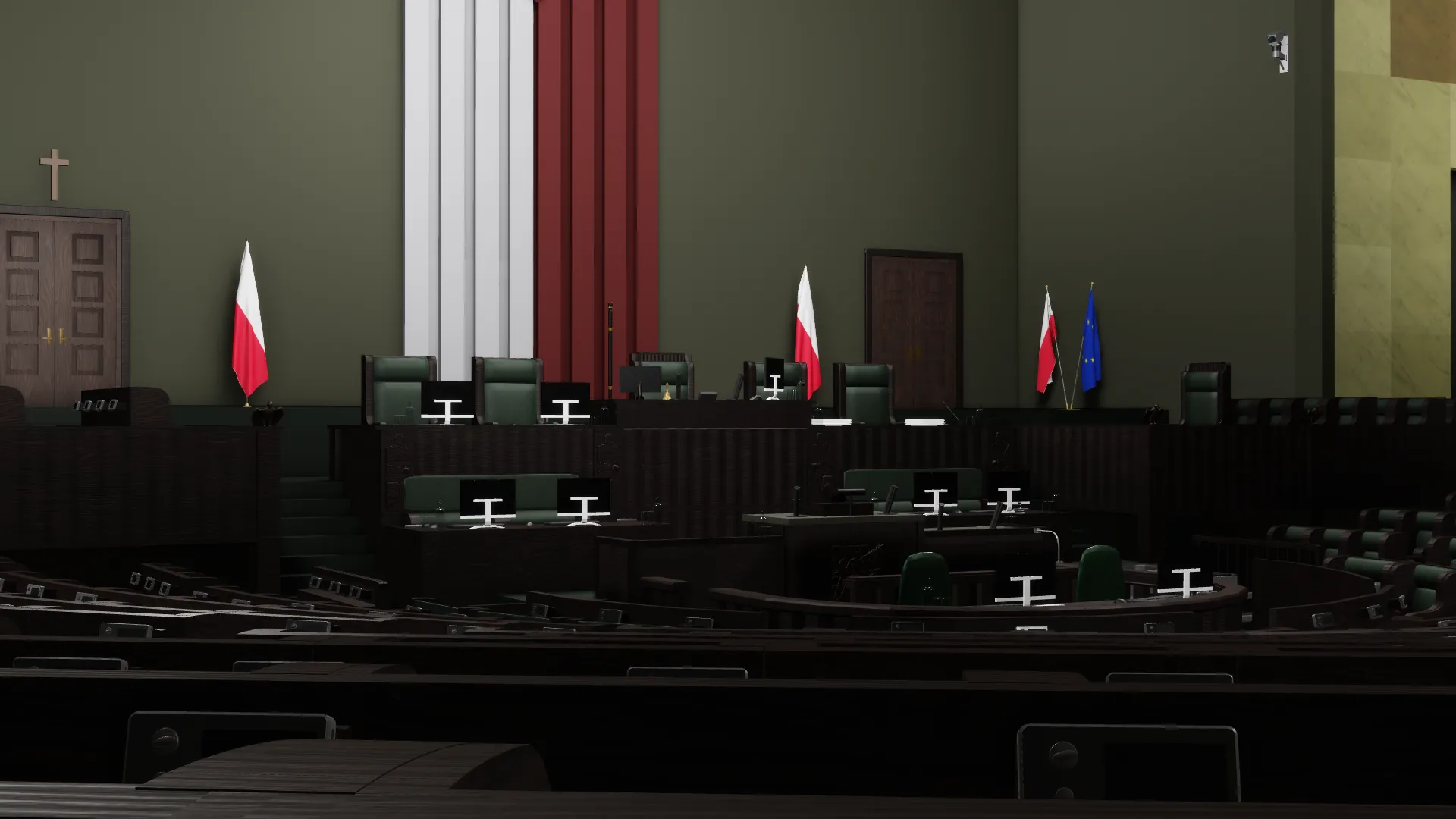 Mównica i prezydium sali obrad odtworzone w Sejm Roleplay na Roblox